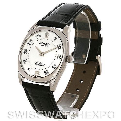 The Rolex Cellini 4233 Men's White Gold White Dial 4233 Men's White Gold White Dial watch is shown from a front angle, displaying its dial, bezel, and black leather strap.