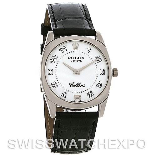 The image shows a front view of a Rolex Cellini 4233 Men's White Gold White Dial 4233 Men's White Gold White Dial watch with a white dial, black leather strap, and Arabic numerals.