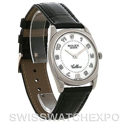 The image shows a side angle of the Rolex Cellini 4233 Men's White Gold White Dial 4233 Men's White Gold White Dial watch, highlighting its face, bezel, crown, and black leather strap.