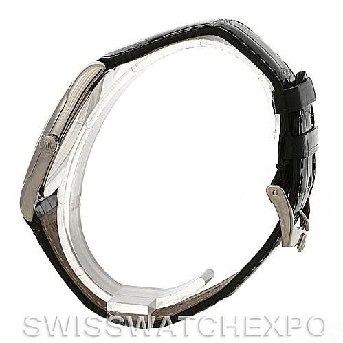 This image shows a side view of the Rolex Cellini 4233 Men's White Gold White Dial 4233 Men's White Gold White Dial watch, highlighting its case profile, crown, and leather strap with a clasp.