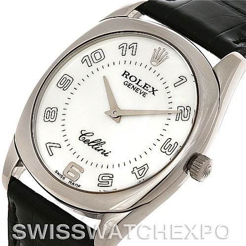 The image shows a Rolex Cellini 4233 Men's White Gold White Dial 4233 Men's White Gold White Dial watch at a slight angle, highlighting its white dial, silver Arabic numerals, and black leather strap.