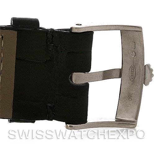 This image shows a close-up of the buckle and leather strap of a Rolex Cellini 4233 Men's White Gold White Dial 4233 Men's White Gold White Dial watch.