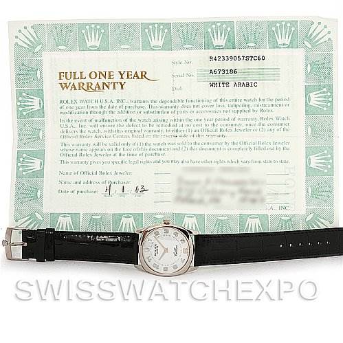 The image shows a Rolex Cellini 4233 Men's White Gold White Dial 4233 Men's White Gold White Dial watch with a leather strap and warranty card, photographed from the front.