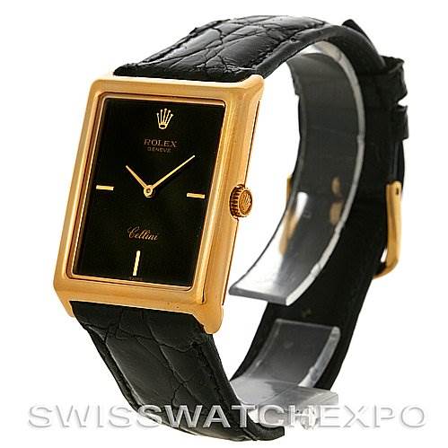 The Rolex Cellini 4105 Men's Yellow Gold Black Dial 4105 Men's Yellow Gold Black Dial watch is shown at an angle highlighting its dial, case, strap, and crown.