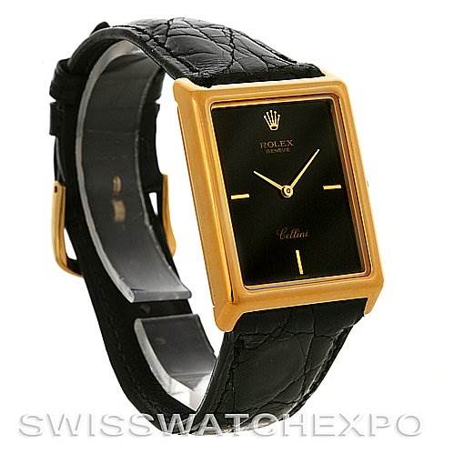 The image shows a Rolex Cellini 4105 Men's Yellow Gold Black Dial 4105 Men's Yellow Gold Black Dial watch at a three-quarter angle, highlighting its black leather strap and gold rectangular case.