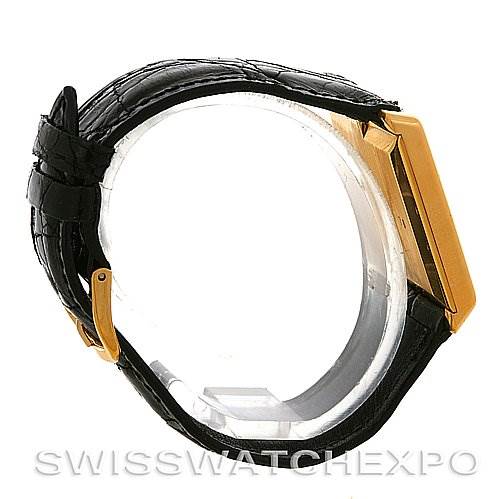 The image shows a side view of the Rolex Cellini 4105 Men's Yellow Gold Black Dial 4105 Men's Yellow Gold Black Dial watch, highlighting the black leather strap and gold-tone case.