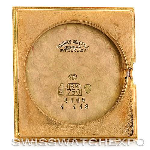 This image shows the inside case back of a Rolex Cellini 4105 Men's Yellow Gold Black Dial 4105 Men's Yellow Gold Black Dial watch, highlighting the model's gold hallmarks and identification details.