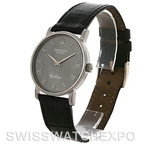 The image shows a Rolex Cellini 5115 Men's White Gold Grey Dial 5115 Men's White Gold Grey Dial watch at a slight angle, displaying the face, Roman numeral markers, black leather strap, and side crown.