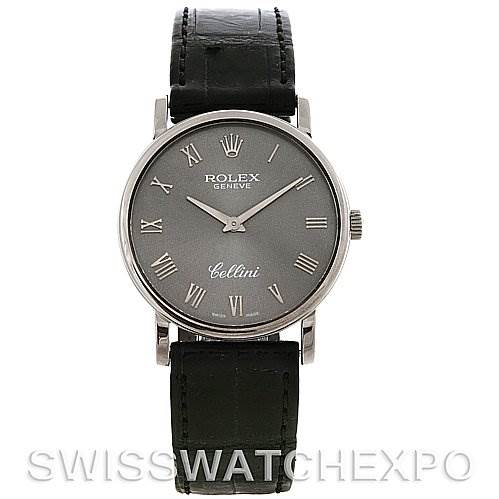 The image shows a front view of a Rolex Cellini 5115 Men's White Gold Grey Dial 5115 Men's White Gold Grey Dial watch with a black leather strap and Roman numeral markers.