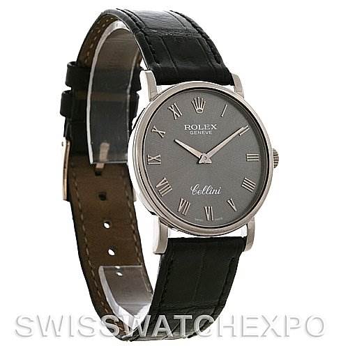 This image shows a side angle of a Rolex Cellini 5115 Men's White Gold Grey Dial 5115 Men's White Gold Grey Dial watch, highlighting the face with Roman numerals and the black leather strap.