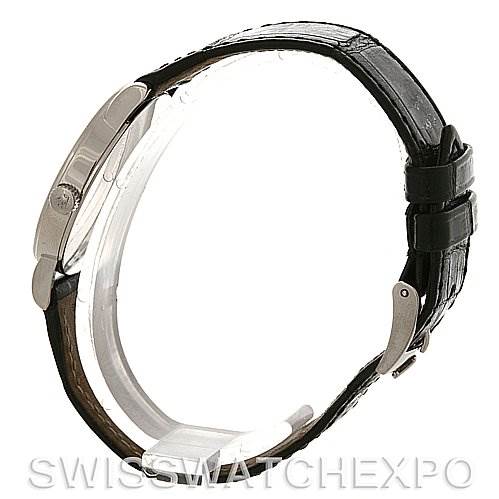 The image shows a side view of a Rolex Cellini 5115 Men's White Gold Grey Dial 5115 Men's White Gold Grey Dial watch, highlighting its black leather strap and clasp.