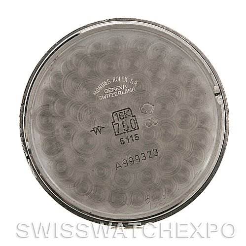 This image shows the interior case back of a Rolex Cellini 5115 Men's White Gold Grey Dial 5115 Men's White Gold Grey Dial watch, featuring engravings and markings.