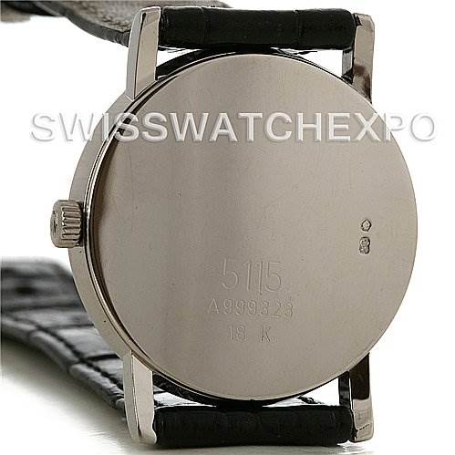 The image shows the back case of a Rolex Cellini 5115 Men's White Gold Grey Dial 5115 Men's White Gold Grey Dial watch, featuring the crown and part of the leather strap.