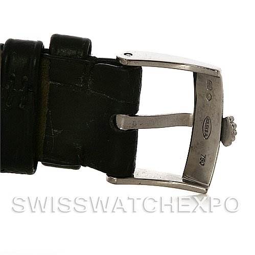 This is a close-up shot of the buckle and leather strap of a Rolex Cellini 5115 Men's White Gold Grey Dial 5115 Men's White Gold Grey Dial watch.