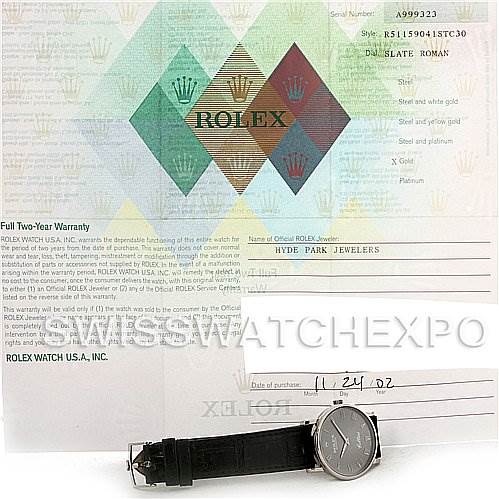 The image shows a Rolex Cellini 5115 Men's White Gold Grey Dial 5115 Men's White Gold Grey Dial watch laid flat, accompanied by warranty paperwork and a certification card from Swiss Watch Expo.
