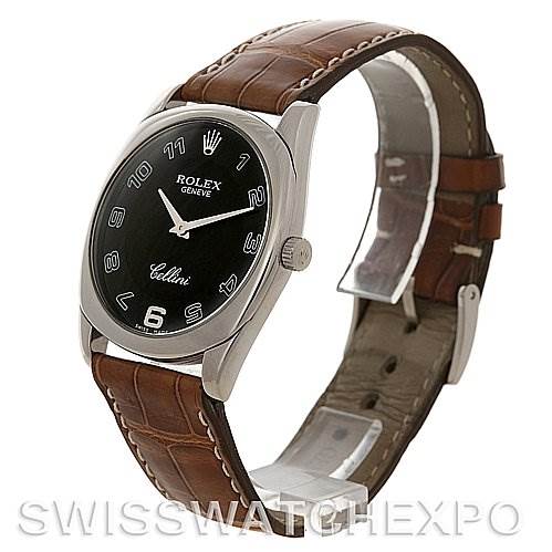 This image shows a side angle of a Rolex Cellini 4233 Men's White Gold White Dial 4233 Men's White Gold White Dial watch, highlighting its black dial, brown leather strap, and case.