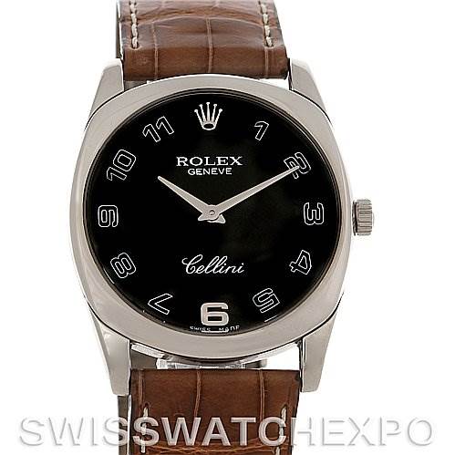 The image shows a front view of a Rolex Cellini 4233 Men's White Gold White Dial 4233 Men's White Gold White Dial watch with a brown leather strap and a black dial.