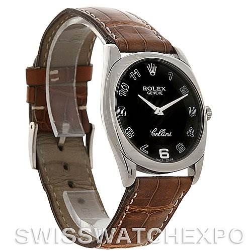 The image shows a Rolex Cellini 4233 Men's White Gold White Dial 4233 Men's White Gold White Dial watch from a slight right-side angle, emphasizing the dial and brown leather strap.