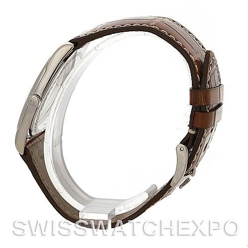 Side view of the Rolex Cellini 4233 Men's White Gold White Dial 4233 Men's White Gold White Dial watch, showing the leather strap, case, and clasp.