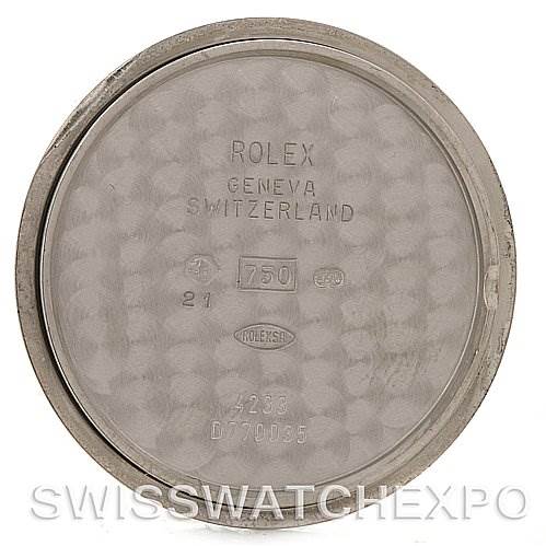 The image shows the inside case back of a Rolex Cellini 4233 Men's White Gold White Dial 4233 Men's White Gold White Dial watch.