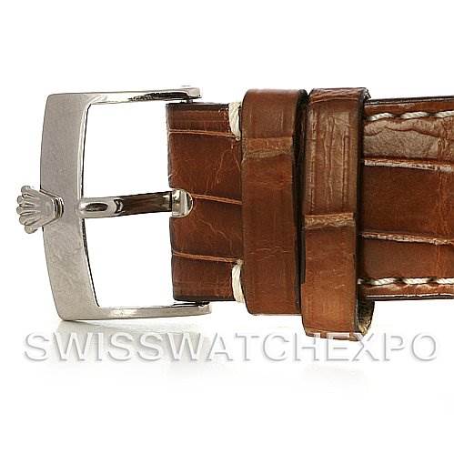 This image shows a close-up of the buckle and strap of a Rolex Cellini 4233 Men's White Gold White Dial 4233 Men's White Gold White Dial watch.