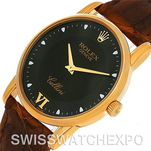 This image shows a front angle of a Rolex Cellini 5116 Men's Yellow Gold Black Dial 5116 Men's Yellow Gold Black Dial watch with a black dial, gold casing, and a brown leather strap.