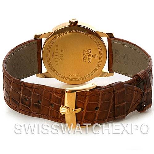 The image shows the back view of the Rolex Cellini 5116 Men's Yellow Gold Black Dial 5116 Men's Yellow Gold Black Dial watch, featuring the case back and brown leather strap with a gold buckle.