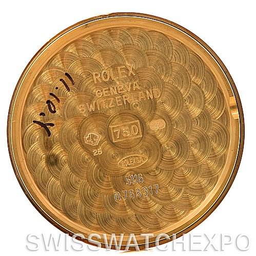 The image shows the inner case back of a Rolex Cellini 5116 Men's Yellow Gold Black Dial 5116 Men's Yellow Gold Black Dial watch, marked with brand details and other inscriptions.