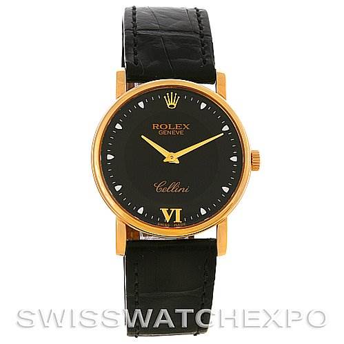 The image shows a Rolex Cellini 5115 Men's Yellow Gold Black Dial 5115 Men's Yellow Gold Black Dial watch from a frontal angle, displaying its black dial, gold case, and black leather strap.
