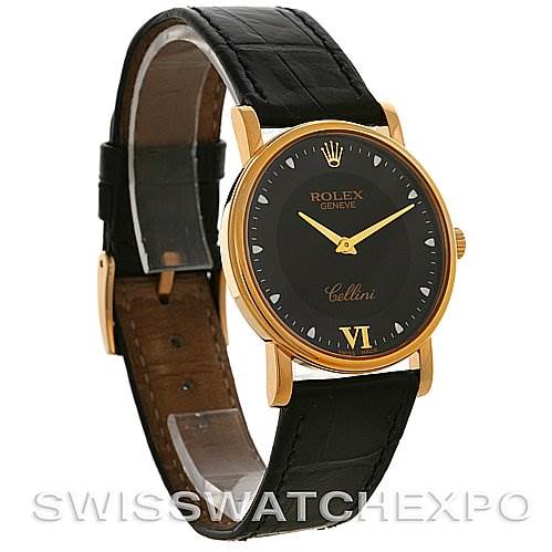 This image shows a Rolex Cellini 5115 Men's Yellow Gold Black Dial 5115 Men's Yellow Gold Black Dial watch at a three-quarter angle, displaying the face, case, bezel, crown, and leather strap.
