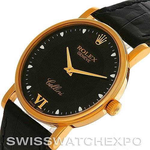 The image shows a Rolex Cellini 5115 Men's Yellow Gold Black Dial 5115 Men's Yellow Gold Black Dial watch at a front-facing angle, highlighting its black dial, gold hands and markers, and leather strap.