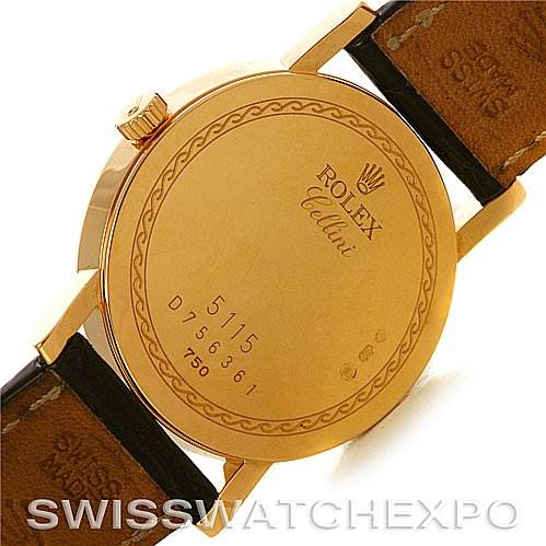 The image shows the back case of a Rolex Cellini 5115 Men's Yellow Gold Black Dial 5115 Men's Yellow Gold Black Dial watch, highlighting the engraved model and brand details.