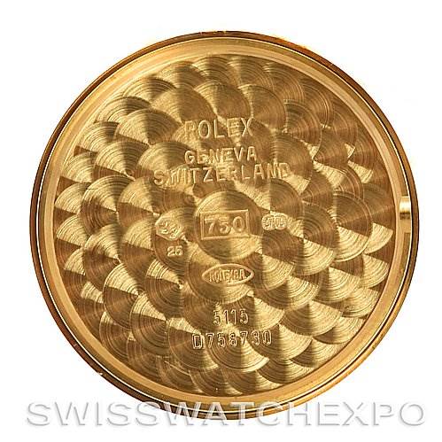 This image shows the inner case back of a Rolex Cellini 5115 Men's Yellow Gold Beige Dial 5115 Men's Yellow Gold Beige Dial watch, featuring engravings with brand details and model information.