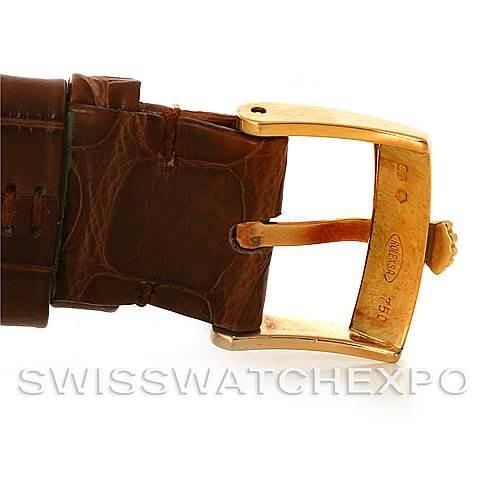 The image shows a close-up of the buckle and leather strap of a Rolex Cellini 5115 Men's Yellow Gold Beige Dial 5115 Men's Yellow Gold Beige Dial watch.