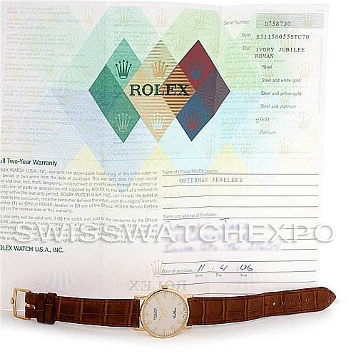 The image shows a Rolex Cellini 5115 Men's Yellow Gold Beige Dial 5115 Men's Yellow Gold Beige Dial watch laid flat with its warranty paperwork visible in the background.