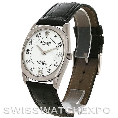 This image shows a Rolex Cellini 4233 Men's White Gold White Dial 4233 Men's White Gold White Dial watch at a slight side angle, highlighting its face, case, dial, and leather strap.