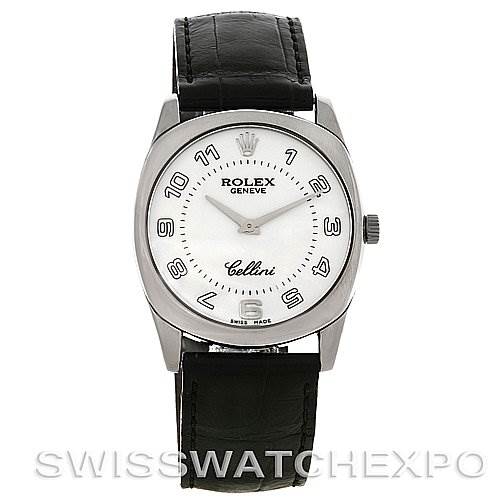 The image shows a Rolex Cellini 4233 Men's White Gold White Dial 4233 Men's White Gold White Dial model watch from a front view, highlighting its dial, case, bezel, and strap.