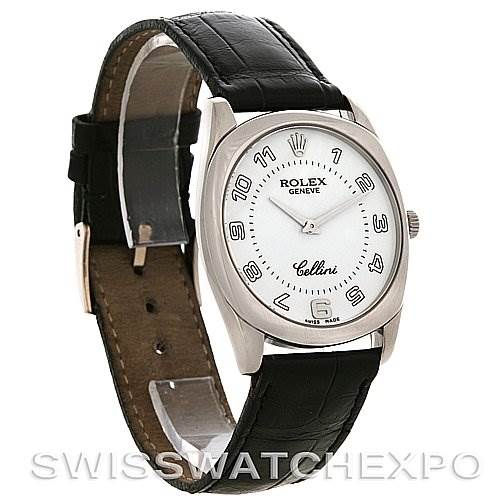 The image shows a Rolex Cellini 4233 Men's White Gold White Dial 4233 Men's White Gold White Dial watch at an angle, highlighting the face, bezel, crown, and part of the leather strap.