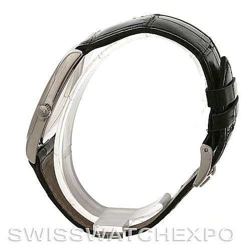 This image shows a side view of the Rolex Cellini 4233 Men's White Gold White Dial 4233 Men's White Gold White Dial watch, highlighting its slim profile and black leather strap.