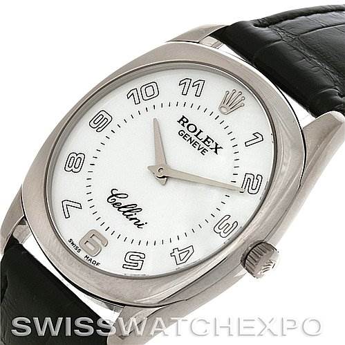 The image shows a close-up angle of a Rolex Cellini 4233 Men's White Gold White Dial 4233 Men's White Gold White Dial watch, highlighting its dial, crown, and a portion of the leather strap.