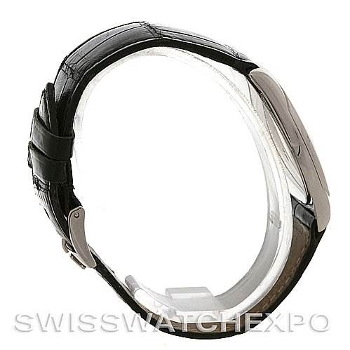 This side view image of the Rolex Cellini 4233 Men's White Gold White Dial 4233 Men's White Gold White Dial watch shows its profile, leather strap, and clasp.