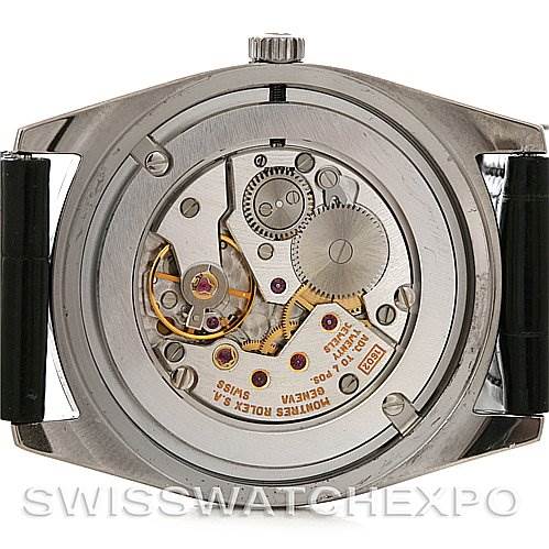This is the back view of a Rolex Cellini 4233 Men's White Gold White Dial 4233 Men's White Gold White Dial showing its intricate internal mechanical components.