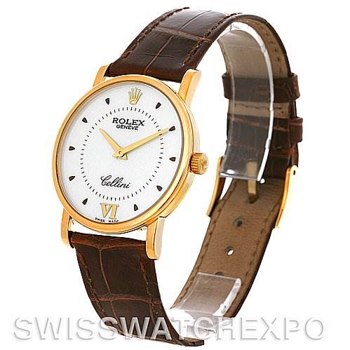 The image shows a Rolex Cellini 5115 Men's Yellow Gold Silver Dial 5115 Men's Yellow Gold Silver Dial watch at an oblique angle, highlighting its brown leather strap and gold case with a white dial.