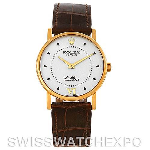 The image shows a front view of the Rolex Cellini 5115 Men's Yellow Gold Silver Dial 5115 Men's Yellow Gold Silver Dial watch, displaying its white dial, gold hands, and brown leather strap.