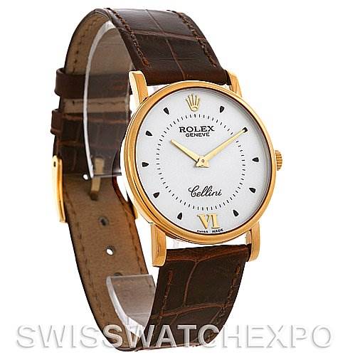 The image shows a Rolex Cellini 5115 Men's Yellow Gold Silver Dial 5115 Men's Yellow Gold Silver Dial watch at a three-quarter angle, highlighting its brown leather strap and gold case.