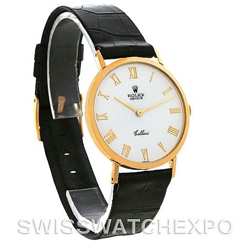 The image shows a Rolex Cellini 4112 Yellow Gold White Dial 4112 Yellow Gold White Dial watch from an angled side view, displaying its face, case, and leather strap.