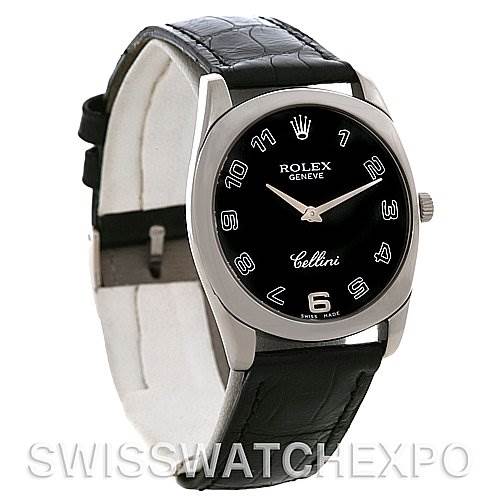 This image shows a front angle view of the Rolex Cellini 4233 Men's White Gold Black Dial 4233 Men's White Gold Black Dial watch, highlighting the black dial, silver hour markers, and leather strap.