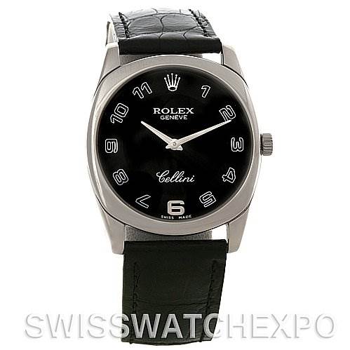 The image shows a full frontal view of a Rolex Cellini 4233 Men's White Gold Black Dial 4233 Men's White Gold Black Dial watch with a black dial and leather strap.