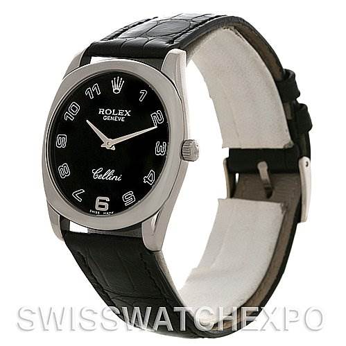 The image shows a three-quarter view of the Rolex Cellini 4233 Men's White Gold Black Dial 4233 Men's White Gold Black Dial watch, displaying its face, bezel, crown, and leather strap.