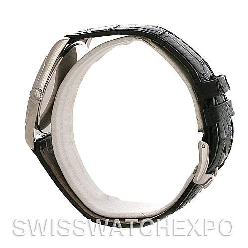 The image shows a side view of the Rolex Cellini 4233 Men's White Gold Black Dial 4233 Men's White Gold Black Dial watch, highlighting the case, crown, and black leather strap with buckle.